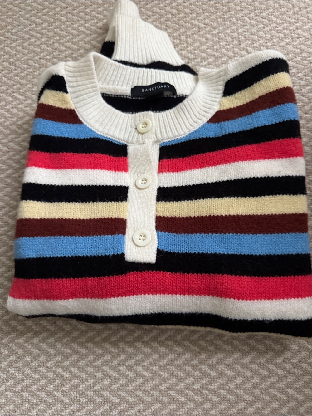 Sanctuary Striped Cowl Henley Sweater - Cream, Black, Red, Blue, Brown, Tan
